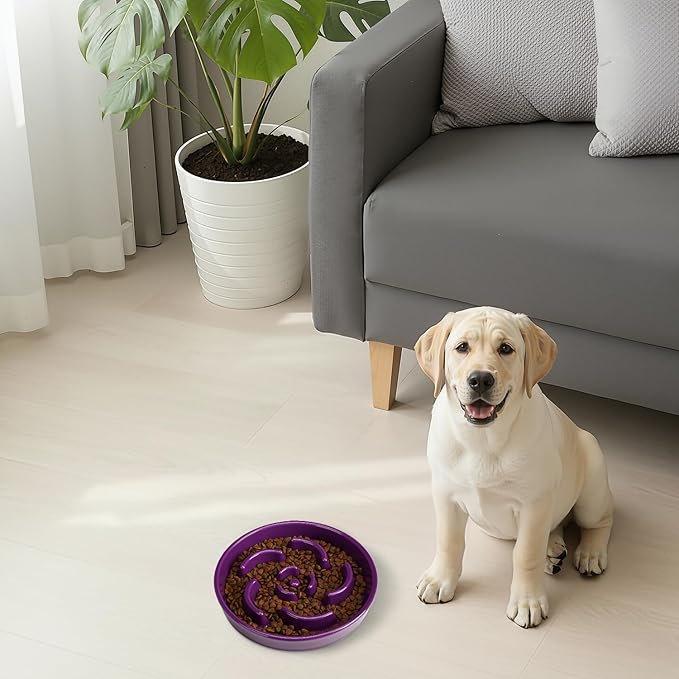 Slow Feeder Dog Bowl, Ceramic 8.3 inch Dog Food Bowls for Small, Medium, and Large Breed, Anti-Slip Maze Puzzle Food Dish to Slow Down Eating (Deep Purple, 8.3 inch)