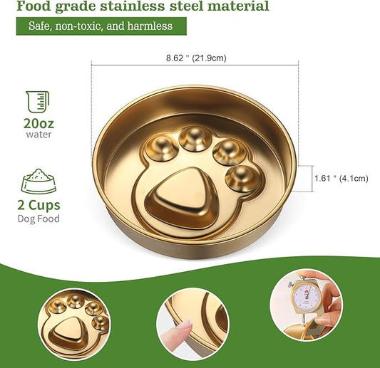 Golden Stainless Steel Slow Feeder Dog Bowls – Non-Slip Metal Dog Bowl for Large & Medium Breeds, Puppy Puzzle Feeder – 2 Cup Capacity for Small to Big Pets – Durable Slow Feed (Paw-Golden)