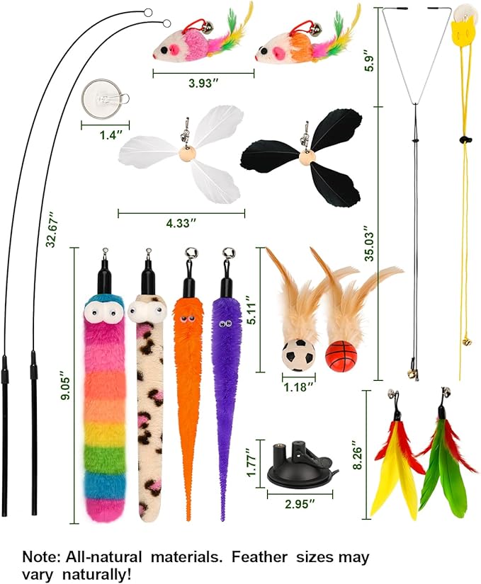 Cat Feather Toys, Enhanced Suction Cup Cat Toys, Interactive Cats Teaser Wand, 10pcs Fishing Pole Feathers Toy Replacements & 2pcs Bouncy Balls, 2 Types Door Hanging Cats String Toy
