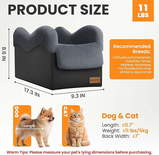 Portable Small Dog Seat for Car, Luxury Center Console Dog Car Seat Booster with Safety Tethers, Anti-Collapse Pet Travel Carseat for SUV, Truck (Black/Grey)