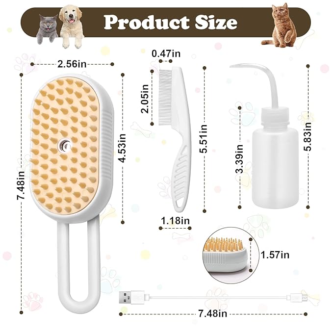 3-in-1 Cat Steam Brush for Shedding, Massaging & Grooming, Rechargeable, Misty Brush for Cats & Dogs, White, 3 Count