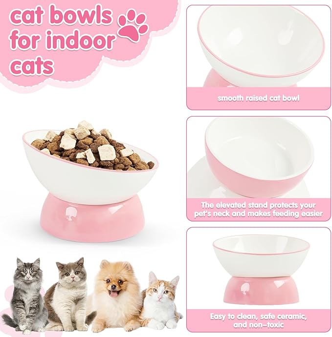Cat Food Bowl, Ceramic Cat Bowls, Anti Whisker Fatigue Cats Bowl Set,Shallow Wide Kitten Plates for Food and Water (Pale Pink Xie)