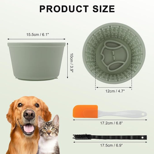 Slow Feeder Dog Bowls, Silicone Dog Lick Bowl with Brush & Scraper, Non-Slip Base Slow Feeder for Anxiety Alleviating & Oral Health, Deep Green