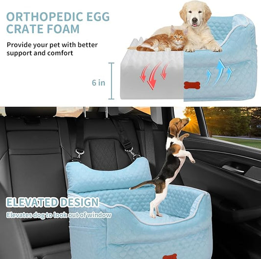 Dog Car Seat - Memory Foam Dog Booster Seat for Small Dogs Up to 25lbs-Elevated Pet Car Seat with Storage Pockets and Dog Seat Belt-Soft Pet Travel Bed for Front & Back Seats-Removable Washable-Blue
