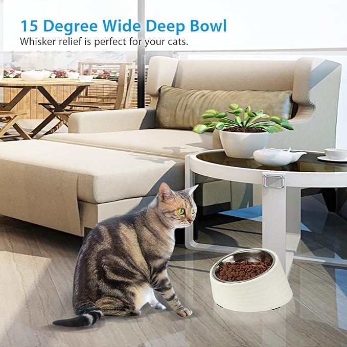 Tilted Slanted Dog Bowl 1 Cup, 15° Tilted Stainless Steel Dog Cat Food Bowl, Non-Slip & Non-Spill Pet Feeder with Elevated Detachable Melamine Stand, Easy to Get Food Dish, Medium White