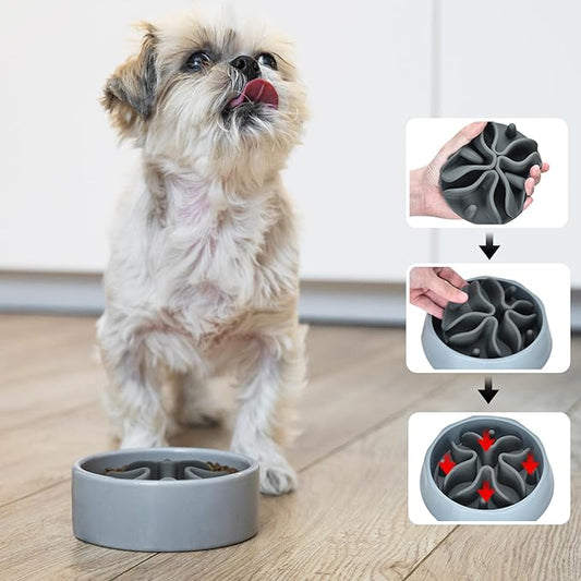 Slow Feeder Dog Bowls Insert, Silicone Slow Feeder Bowl with Strong Suction Cups Perfect for Stainless Steel Glass Ceramic Dog Bowls (Grey, Large Size)