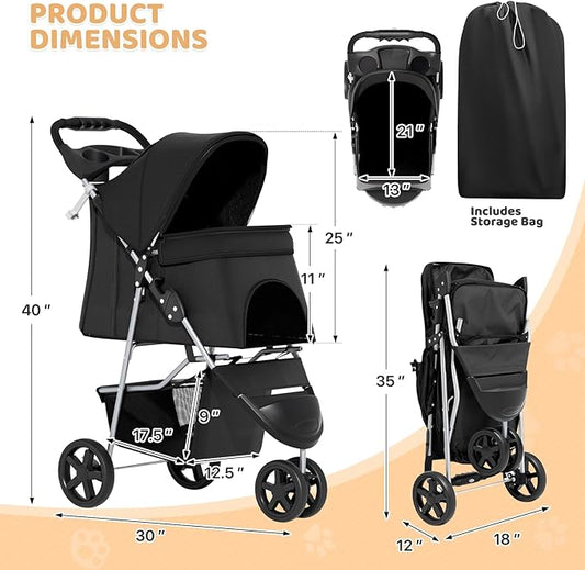 Magshion 3-Wheel Pet Stroller, Foldable Travel Jogger for Small & Medium Dogs & Cats (Up to 33lbs), Lightweight Carrier with Breathable Mesh Cover, Cup Holder & Storage Basket, Black