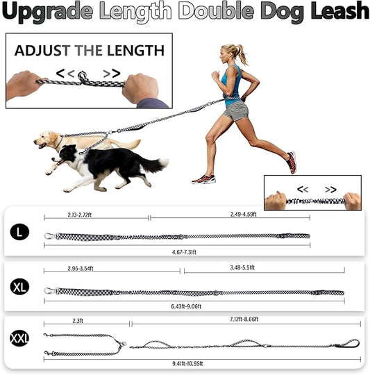 Roses&Poetry Hands Free Double Dog Leash for Two Dogs, 9-11ft Adjustable Bungee Walking Waist Lead, Dual Dog Leash with Tangle-Free Swivel for Medium Large Dogs Heavy Duty Running(Blackwhite)