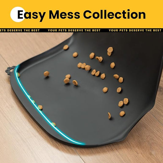 Silicone Dog Food Mat with Side Pocket & Hook Hole, Soft Raised Edges, Easy Clean Waterproof Non-Slip Pet Feeding Mat for Cats and Dogs Water Bowl, Pets Accessories(18"x12",Black)