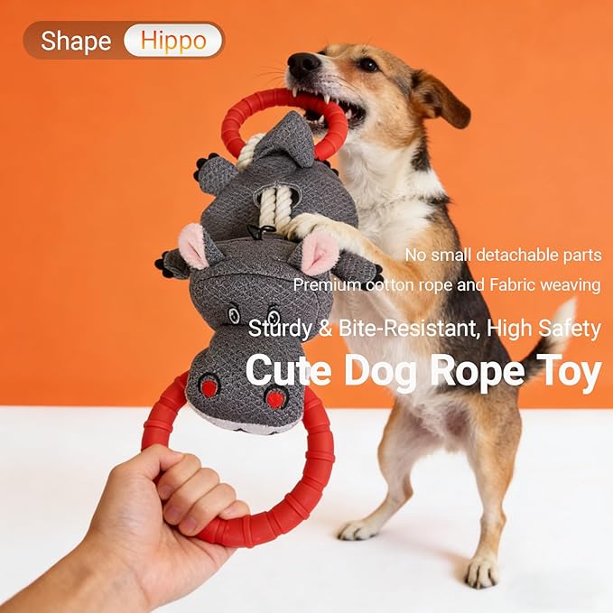 Tug of War Dog Toy - Rubber & Cotton Rope Toys for Dogs, Large Double Ring Dog Tug Toy,Interactive Dog Toys for Small Medium Large Dogs(Hippo)