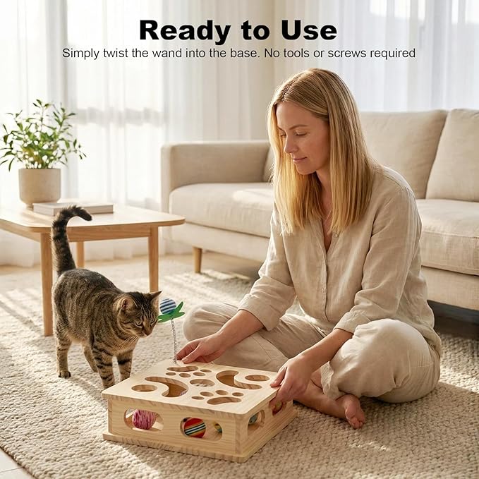 Pine Wooden Cat Puzzle Box, Interactive Maze & Scratch Enrichment Toy, Puzzle Toys for Indoor Cats with Sisal Wand, Silent & Bell Balls (Large)