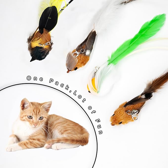 Flying Cat Bird Toy Pack for Cat Wands, Teaser, Suction Cup or Door Hanging Toy, Natural Feather Refills with Bells for Indoor Cats Bird Hunting Selfplay-4 PCS
