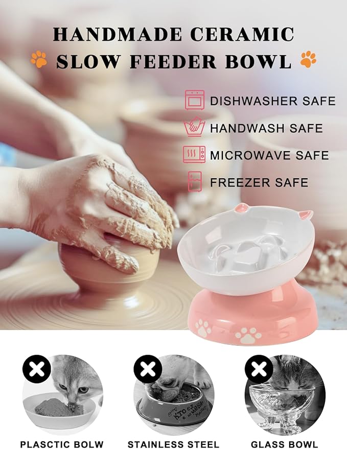 Y YHY Ceramic Slow Feeder Cat Bowl, Elevated Cat Bowl Tilted Design Slow Feeder for Dog and Cat for Dry and Wet Food, Pink