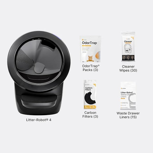 Litter-Robot 4 Supply Bundle by Whisker, Black - Automatic, Self-Cleaning Cat Litter Box, Includes Litter-Robot 4, 3 OdorTrap Refills, 10 Liners, 30 Cleaner Wipes, & 2 Carbon Filters