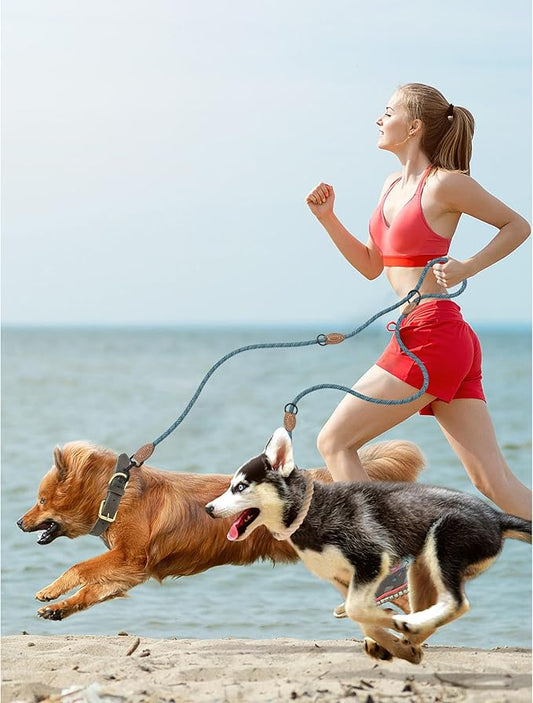 Mile High Life Dual Dog Leash, Double Dog Leash, 360 Swivel No Tangle Walking Leash, Hands Free Leash w Leather Tailored Connection, Double Rope Leash for Two Dogs (Blue, 8FT)