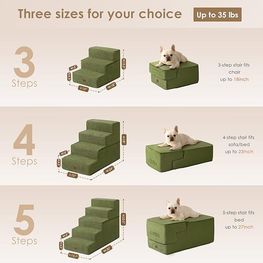 EHEYCIGA Dog Stairs for Small Dogs 13.5" H, 3-Step Dog Steps for Couch Sofa and Chair, Pet Steps for Medium Cats, Non-Slip Balanced Pet Ramp Indoor, Olive Green