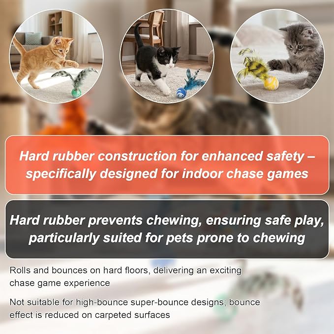 Cat Bouncy Ball with Feathers - 5 Pack Interactive Cat Feather Toys for Indoor Cats, Rubber Kitten Fetch Chase Toy for Interactive Exercise & Hunting Play