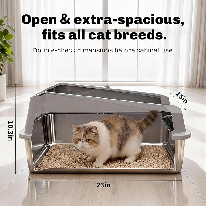 KYKY Tescat 2 Pack Stainless Steel Litter Box with Lid, XL Metal Litter Box with High Sides, Extra Large Litter Boxes for Big Cats and Multiple Cats, Leak-Proof, Rust-Proof, Non-Sticky and Easy Clean