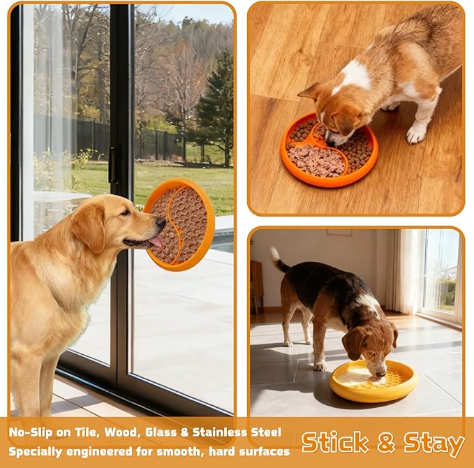 Dog Lick Bowl, Non-Slip Slow Feeder Dog Bowl, Silicone Licking Mat with Treat Dispenser, Entertainment Dog Puzzle Play, Feeder Bowl to Relieve Anxiety, Dishwasher Safe,with Brush & Spatula (Orange)