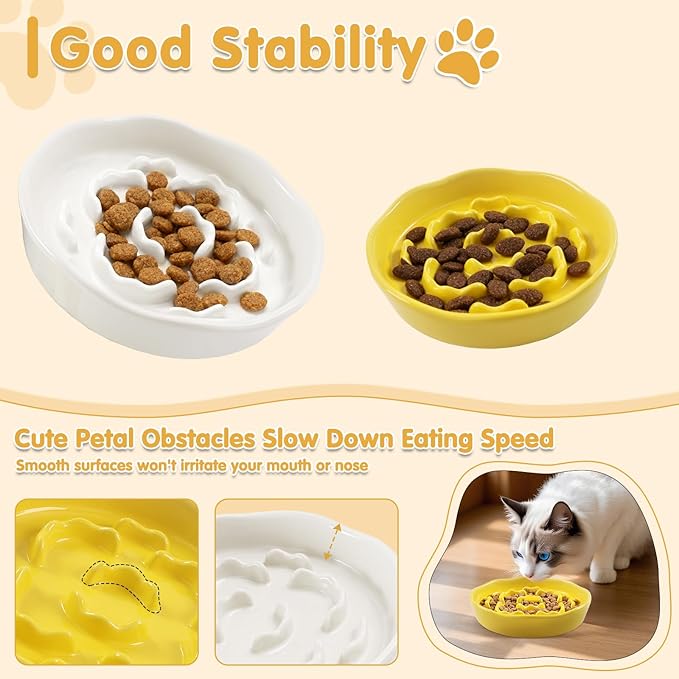 Cat Slow Feeder Bowl Set - 2 Pcs Pastel Series Cat Plate for Dry and Wet Food - Cute Maze Feeder Dish for Healthy Eating- Dishwasher Safe.(Yellow and White)