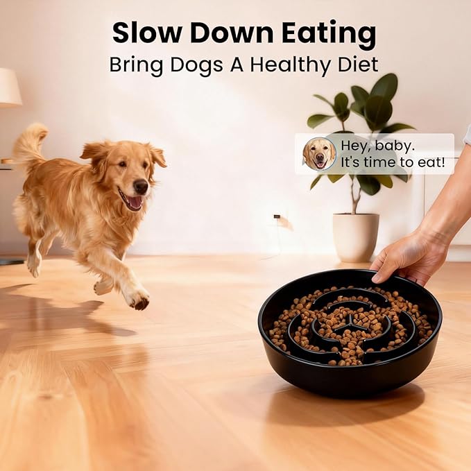 Ceramic Slow Feeder Dog Bowls,2.0 Cups Slow Feeder for Medium Large Breed,Puzzle Dog Food Bowl to Slow Down Eating, Anti-Gulping, Stop Bloat,Preventing Choking,8in,Black