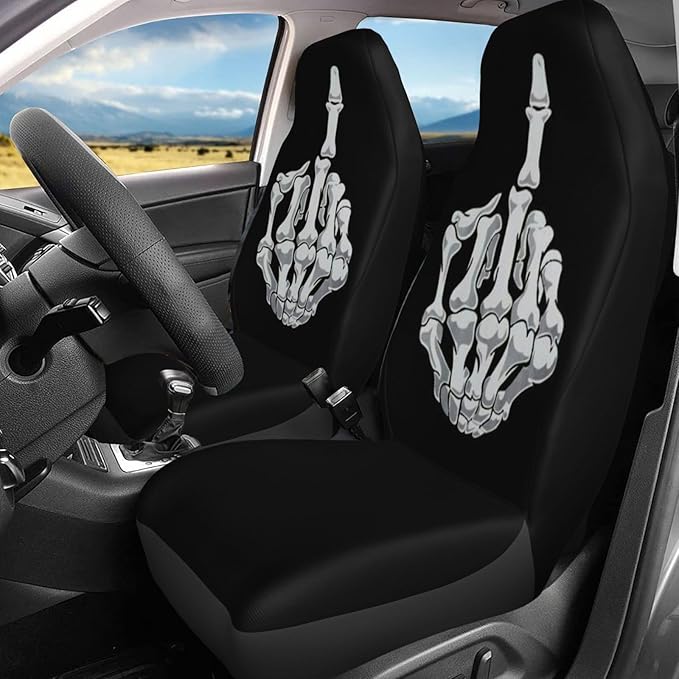 Foruidea Funny Black White Skull Car Seat Covers Universal 2 Pcs Auto Front Seat Cover Fit Most Cars,SUV,Sedan,Trucks