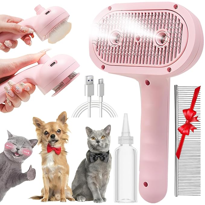 Pet Steam Brush for Cat & Dog, 2-Hole Double Spray, 3-in-1 Cat Steam Brush,Pet Spray Comb with Shedding Massaging Grooming Self-Cleaning Release Button for Long & Short Haired Pets(Pink)