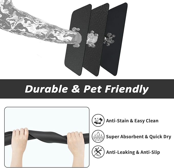 Dog Food Mat - Absorbent Cat Mat for Food and Water, No Stains Pet Feeding Bowl Mat, Easy to Clean Pet Placemats, Quick Dry Dog Water Dispenser Mat for Messy Drinkers | Black 12"x 19"