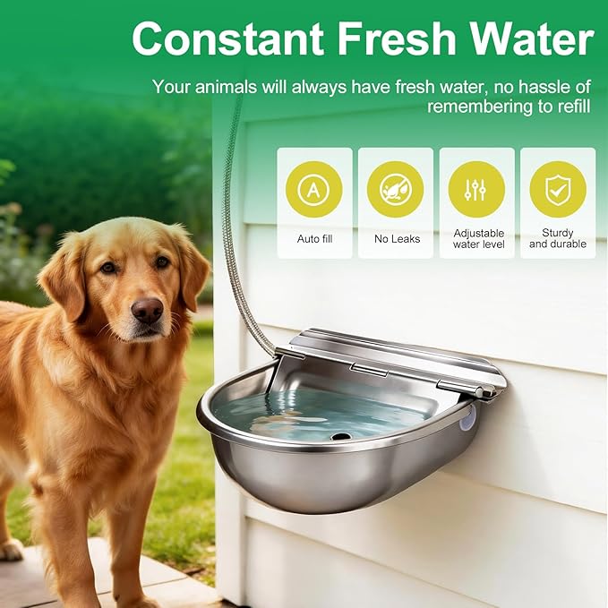 Metal Automatic Dog Water Bowl Dispenser, Outdoor Heavy Duty Stainless Steel Dog Waterer, Auto Self Filling Animal Water Feeder for Dogs Cats with Float and Drain Plug