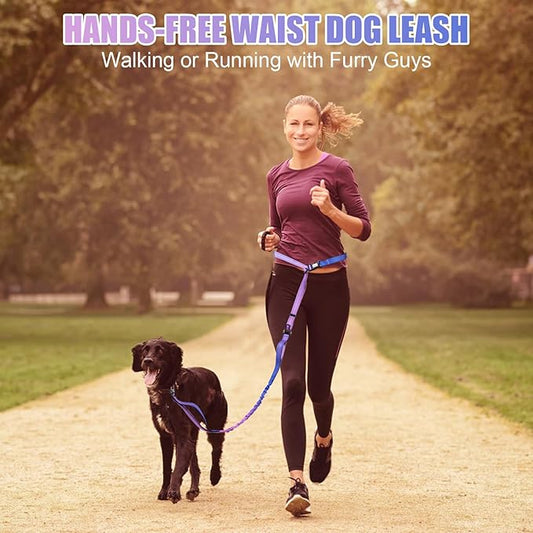 Heavy Duty Hands Free Dog Leash, 5-7 FT Reflective Adjustable Waist Dog Leash Belt with Padded Handles, Shock Absorbing Bungee and Car Seat Belt for Large Medium Dogs (Purple Blue, XL)