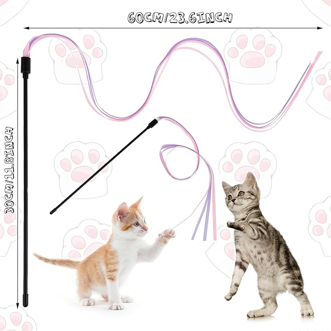 Cat Ribbon Wand Toys, 3pcs Interactive Cat Rainbow Wand String Toys for Indoor Cats Colorful Ribbon Charmer for Kittens Teaser Training Exerciser Playing Catcher Accessories