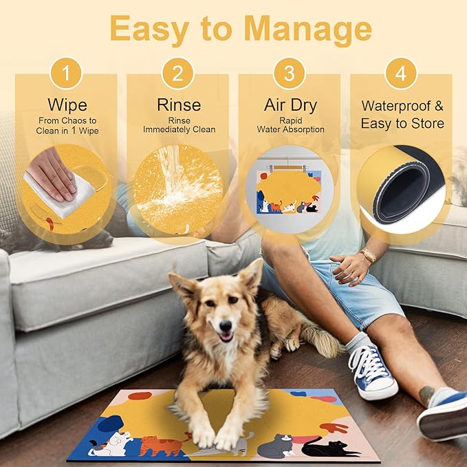 BLESWIN Pet Feeding Mats 16"x24", Water Absorbing Mat for Dog Bowl, Water Bowl Mat for Dogs Waterproof, Non Slip Mat for Dogs, Dog Water Bowl Mat for Messy Drinkers, Cat Mat for Food and Water, Cat