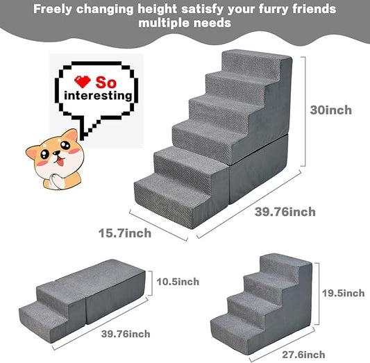 Dog Steps for High Beds 30-32" H, 6-Step Dog Stairs for Small Dogs, 33D Foam Pet Steps for High Bed Climbing, Non-Slip Balanced Pet Stair Ramps for Bed Indoor, Grey