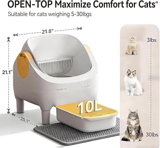 Thereye Self Cleaning Cat Litter Box, Open-Top Automatic Litter Box with Smart App and Safety Sensors, Large Auto Litter Box for Multiple Cats, 10L Waste Bin with Odor Control, Includes Trash Bag