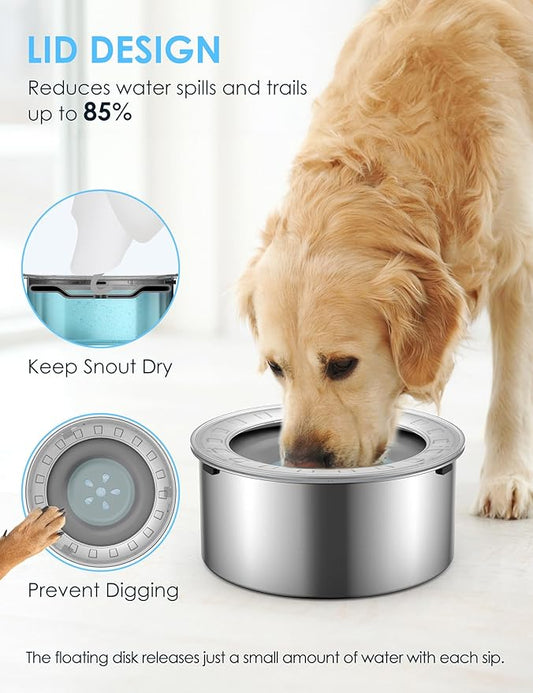 1.8 Gallon Large Dog Water Bowl No Spill,【Anti Digging Lid & Rubber Bottom】 Spill Proof Dog Bowl, Anti Splash Mess Dripless Slow Drinking Stainless Steel Water for Sloppy Messy Drinkers Car