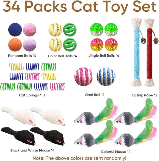 Cat Toys for Indoor Cats, 34 Packs Interactive Cat Toy Set with Colorful Springs Toys, Mouse Toy, Catnip Ropes, Balls, Bells, and Sisal Ball for Kittens