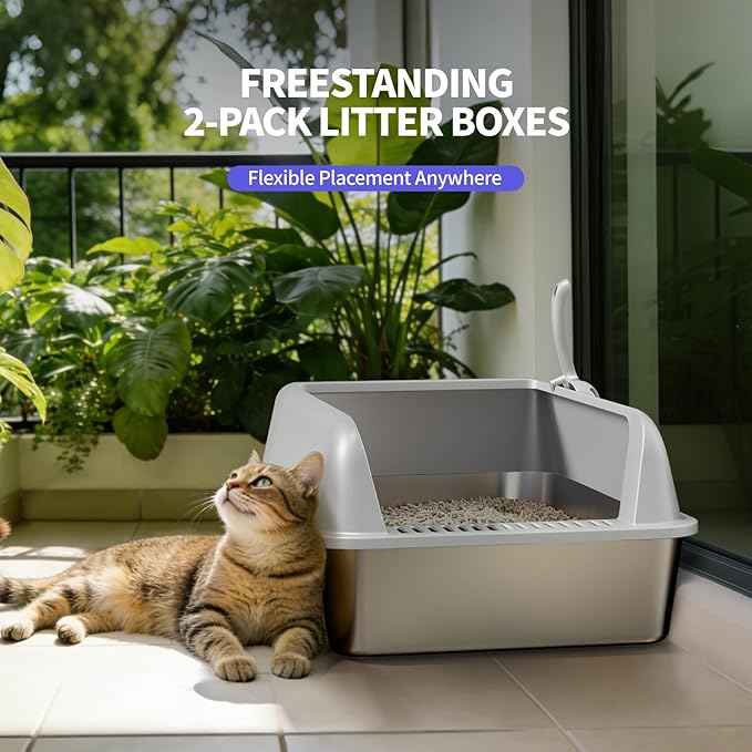 2 Pack Stainless Steel Cat Litter Box with Lid, Large Metal Litter Pan for Adult Cats, Multi-Cats, High Sides with Anti-Leakage Enclosure, Easy Cleaning, Non-Stick, Anti-Scratch,Include Scoop