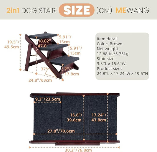 MEWANG Wooden Pet Stairs/Pet Steps - 3-in-1 Foldable Stairs & Ramp for Beds and Cars - Portable Dog/Cat Ladder Up to 220 Pounds - Great for Small and Older Animals(Brown) (24.8" L x 17.2" W x 19.5" H)