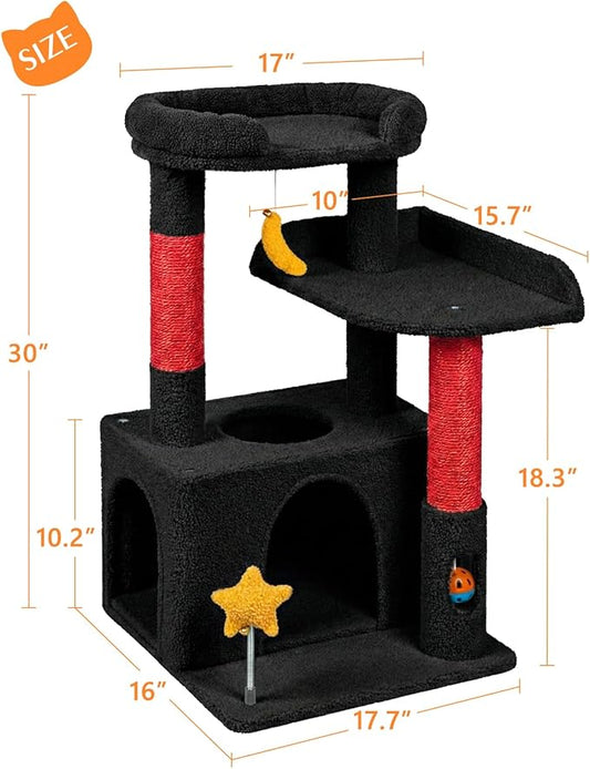 32In Cute Cat Tower for Indoor Cats with Cat Condo, Plush Platform, Hammock, Sisal Scratching Posts, Dangling Ball, Tall Cat Tree Tower with Self-Grooming Brush (Jet Black)
