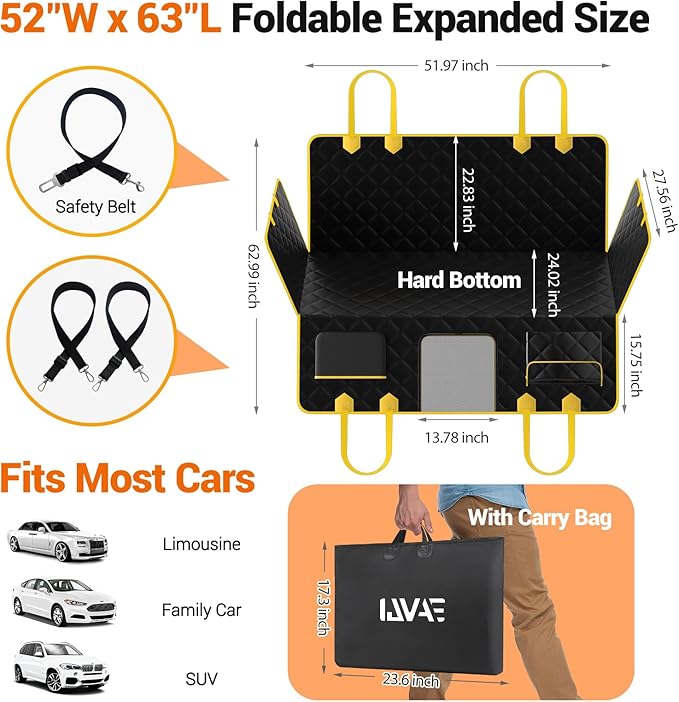IJVAE Hard Bottom Car Seat Cover for Dogs.Gold Waterproof Dog Seat Cover for Back Seat Extender for Dogs,Scratch-Proof and Anti-Slip Car Dog Hammock for Large Dogs SUV,Gold(Holds 500 Lbs)