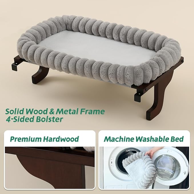 Zakkart SnugCloud Cat Window Perch with 4-Sided Bolster - Large Cat Hammock for Window Sill - Solid Hardwood & Metal Frame - Window Seat for Pets (Dark Stained Wood w/Gray Bed, Large)