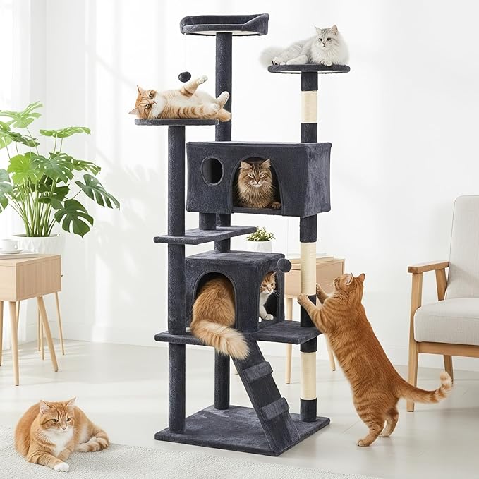 DUMOS 62-inch Indoor Cat Tree Tower –Multi-Level Pet House for Large Cats with 2 Condos, Scratching Posts, Round Platform, Small Ladder, and Toys, Grey
