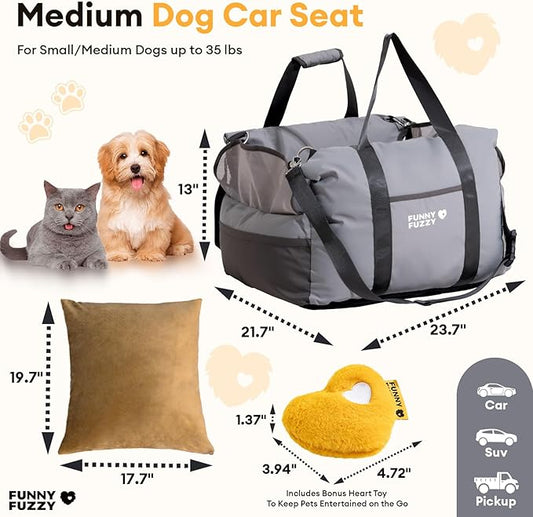FUNNY FUZZY Waterproof Dog Car Seat for Small & Medium Dogs Up to 35lbs, Detachable & Washable Pet Booster Seat with Leash, Thick Cushion, Storage Pockets & Adjustable Straps (Grey)