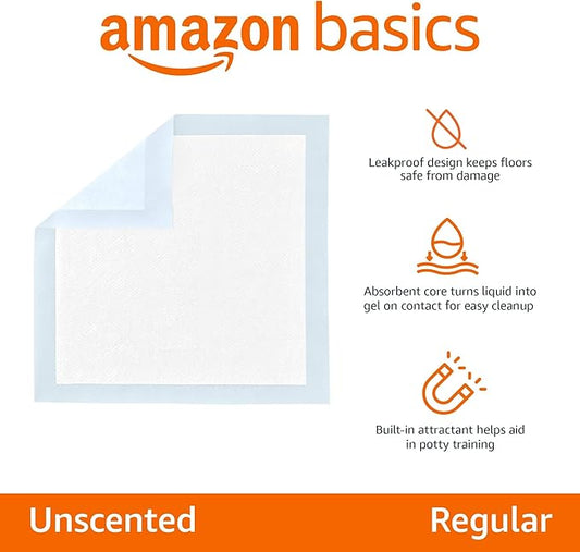 Amazon Basics Leak-Proof Dog and Puppy Potty Training Pee Pads with Quick-Dry 5-Layer Super Absorbent Design for Housebreaking, Regular Size 22x22", Blue & White, 150 Count