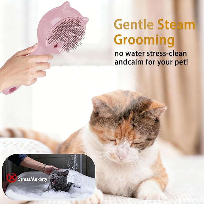 Pet Steam Brush for Cats & Dogs ,3-in-1 Pet Grooming Comb,Reduces Shedding, Soft Bristles, Promotes Healthy Coat-Comes - Includes Waterless Shampoo,Pink
