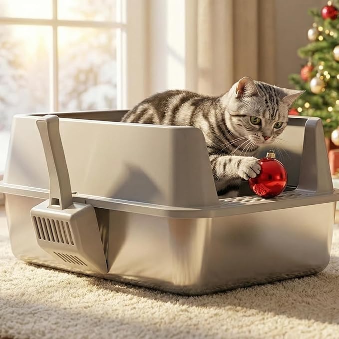 Stainless Steel Litter Box, Extra Large Litter Boxes for Big Cats, XL Metal Cat Litter Box with High Sides Lid, Anti-Urine Leakage, Never Absorbs Odors, Easy Cleaning, Non-Stick, Include Scoop and Mat