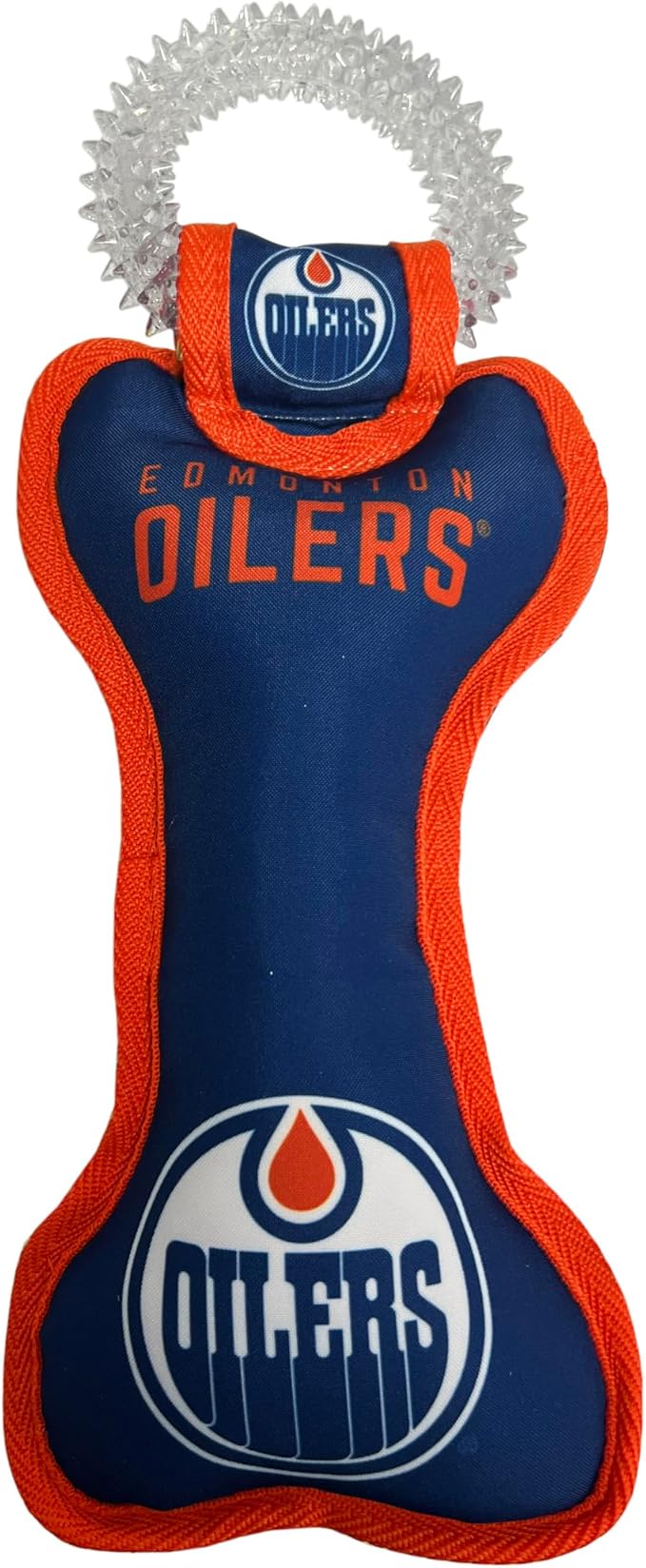 Pets First NHL Edmonton Oilers Bone Shaped Dental Dog TUG Toy with Squeaker. Tough PET Toy for Healthy Fun, Teething, and Cleaning pet's Teeth and Gum.