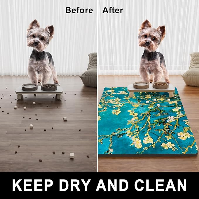 Dog Food Mat, 12" x 19" Flower Absorbent Dog Cat Bowl Mat for Food and Water, Cute Anti-Slip Rubber Pet Feeding Rug Protect Floors, Placemat for Feeding & Watering Supplies, Green