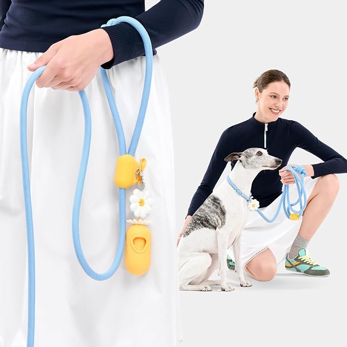 VETRESKA Hands-Free Dog Leash, 8FT Adjustable Rope Leash for Medium Large Dogs, Waist/Crossbody Slip Lead Leashes for Walking, No Pull Dog Leashes with Bag Dispenser, Clip, 3 in 1 Walk Kit (Daisy)