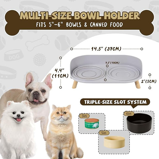 Raised Dog Feeder Bowl Stand - Elevated Dining Table for Small and Medium Dogs and Cats - Fits Food and Water Dish up to 6" Diameter - Grey (Bowls Not Included)